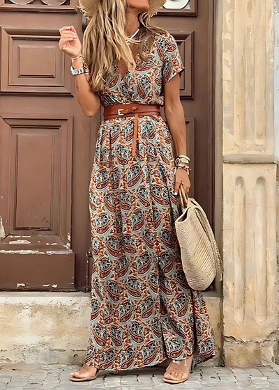 Romy - Langes Bohème-Kleid mit geraffter Taille